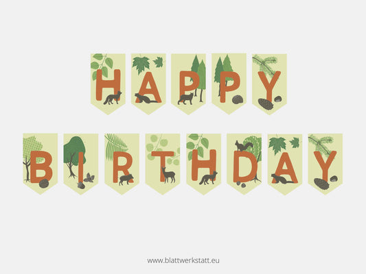 "Happy Birthday"-Girlande – für den Wald-Kindergeburtstag (digital)