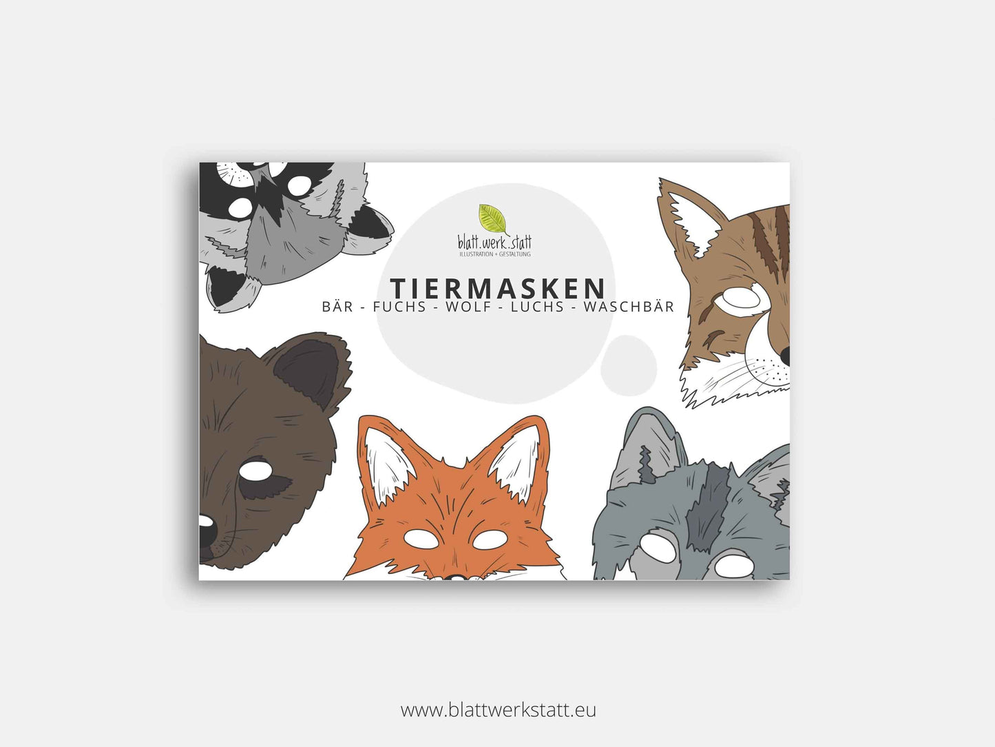 Tiermasken-Set „Wald“ – Fuchs, Luchs, Bär, Wolf & Waschbär (PDF)