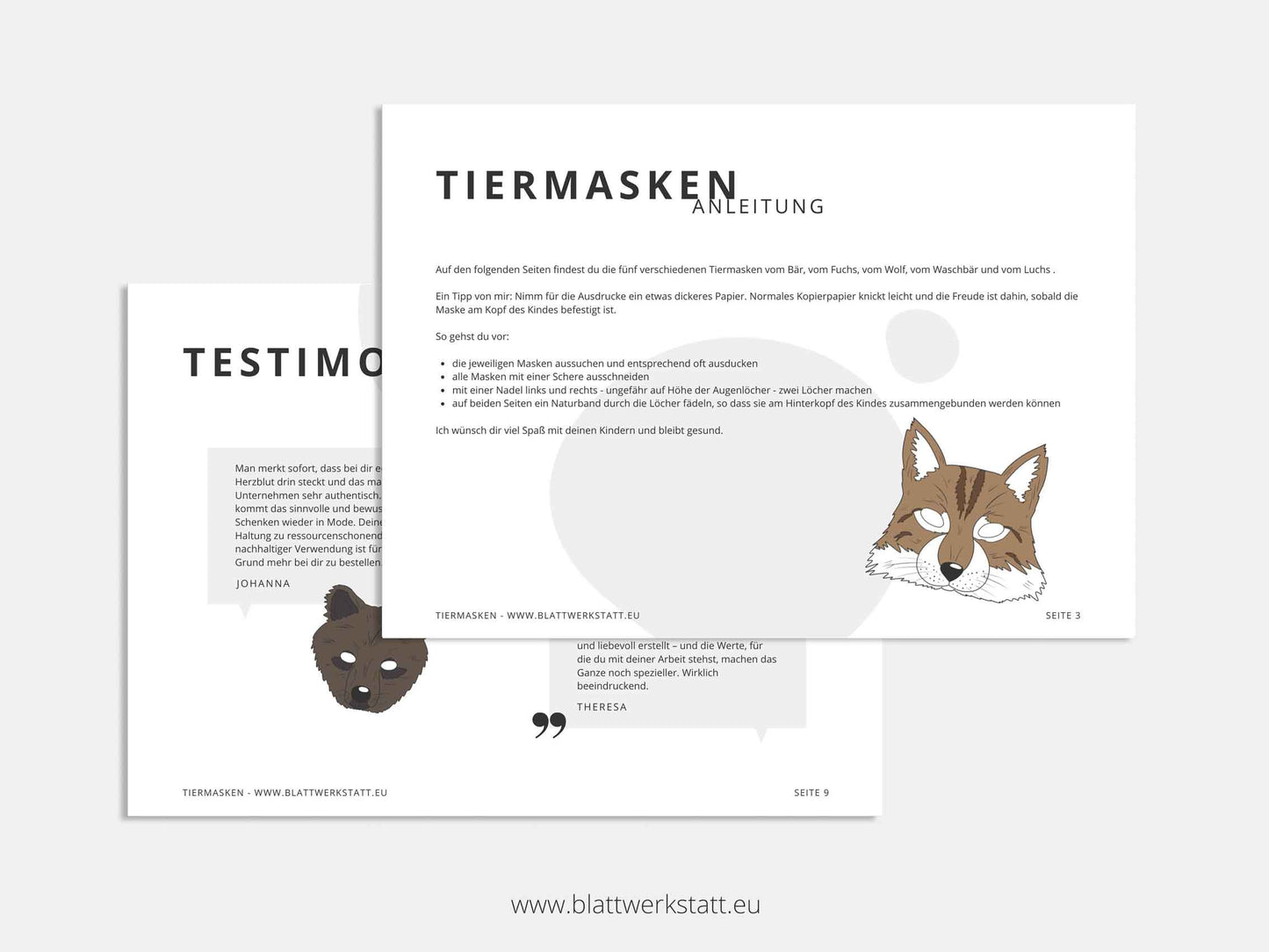Tiermasken-Set „Wald“ – Fuchs, Luchs, Bär, Wolf & Waschbär (PDF)